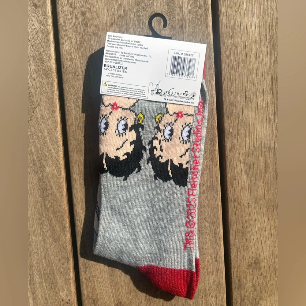 Betty Boop Crew Mid Calf Adult Full Toe Socks Novelty Gift OSFM 1 Pair Gray Red